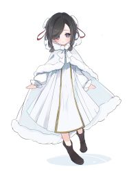 Rule 34 | 1girl, absurdres, arano0910, black footwear, black hair, blush, boots, cloak, commentary request, dress, genshin impact, grey eyes, highres, hood, hooded cloak, looking at viewer, parted lips, shenhe (genshin impact), short hair, solo, white cloak, white dress