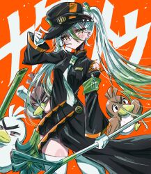 Rule 34 | 1girl, armband, bike shorts, black coat, coat, commentary, creatures (company), detached sleeves, english commentary, farfetch&#039;d, fighting miku (project voltage), food, galarian farfetch&#039;d, game freak, gen 1 pokemon, gen 8 pokemon, gloves, green armband, hand on headwear, hat, hatsune miku, highres, holding, holding food, holding spring onion, holding vegetable, mouth hold, multicolored hair, necktie, nintendo, orange trim, pokemon, pokemon (creature), project voltage, side slit, single detached sleeve, sirfetch&#039;d, spring onion, stalk in mouth, thighhighs, twintails, usa (usagi minku), vegetable, visor cap, vocaloid, white gloves, white hair, white necktie, white thighhighs, yellow eyes