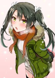 Rule 34 | 1girl, anbutter siruko, blush, casual, commentary request, dress, fur trim, gift, green eyes, grey hair, hair between eyes, hair ribbon, holding, jacket, kantai collection, long hair, looking at viewer, open mouth, ribbon, scarf, simple background, smile, solo, standing, steam, sweater, sweater dress, thighhighs, twintails, white background, white ribbon, zuikaku (kancolle)