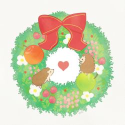 Rule 34 | apple, ayu (mog), blush, bow, daisy, eye contact, flower, food, fruit, green apple, heart, hedgehog, looking at another, no humans, original, red apple, red bow, signature, simple background, white background, white flower, wreath