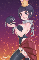Rule 34 | 1girl, bare shoulders, black eyes, black garter straps, black hair, black leotard, black thighhighs, blunt bangs, bob cut, breasts, broken, broken chain, chain, chain chomp, chain leash, choker, cleavage, collar, commentary, cuffs, english commentary, garter straps, highres, holding, its just suppi, leash, leotard, looking at another, mario (series), medium breasts, nail polish, new super mario bros. u deluxe, nintendo, open mouth, princess chain chomp, red nails, red skirt, shackles, sharp teeth, short hair, signature, skirt, sleeveless, strapless, super crown, teeth, thighhighs