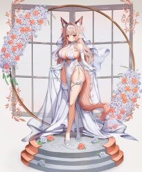 Rule 34 | 1girl, absurdres, animal ear fluff, animal ears, arme (cgsy7484), bare shoulders, breasts, cleavage, closed mouth, commission, covered navel, crossed legs, dress, elbow gloves, flower, full body, gloves, hair flower, hair ornament, hairband, highres, huge breasts, large breasts, long hair, long legs, looking at viewer, multicolored hair, no bra, no panties, original, pelvic curtain, pink hair, red eyes, shoes, side-tie dress, sideboob, single thighhigh, skindentation, sleeveless, sleeveless dress, smile, solo, standing, streaked hair, tail, thigh strap, thighhighs, thighs, veil, watson cross, white dress, white gloves, white thighhighs, wide hips, wolf ears, wolf girl, wolf tail