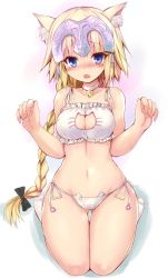 Rule 34 | 1girl, animal ears, bell, blonde hair, blue eyes, blush, bra, braid, breasts, cat cutout, cat ear panties, cat ears, cat lingerie, choker, cleavage, cleavage cutout, clothing cutout, curvy, eyebrows, fate/apocrypha, fate/grand order, fate (series), gluteal fold, headpiece, jeanne d&#039;arc (fate), jeanne d&#039;arc (ruler) (fate), jingle bell, kemonomimi mode, long hair, looking at viewer, meme attire, navel, neck bell, nose blush, open mouth, panties, ponytail, seiza, sen (astronomy), side-tie panties, simple background, single braid, sitting, solo, thigh gap, underwear, underwear only, white background, white bra, white legwear, white panties, wide hips