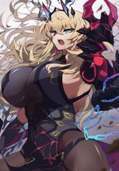 Rule 34 | 1girl, armor, blonde hair, breasts, chain, circlet, covered navel, earrings, elbow gloves, barghest (fate), fate/grand order, fate (series), gloves, hair between eyes, halterneck, heterochromia, highres, huge breasts, jewelry, long hair, looking at viewer, open mouth, pantyhose, pauldrons, shoulder armor, sideboob, simple background, single pauldron, solo, toyosu, white background