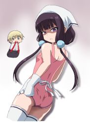 Rule 34 | 1boy, 1girl, adjusting clothes, adjusting swimsuit, apron, artist request, ass, bare shoulders, beads, blend s, blonde hair, blood, breasts, cowboy shot, dino (blend s), full body, gloves, hair beads, hair ornament, head scarf, long hair, looking at viewer, looking back, one-piece swimsuit, open mouth, pink one-piece swimsuit, sakuranomiya maika, shaded face, simakosama3060, small breasts, swimsuit, thighhighs