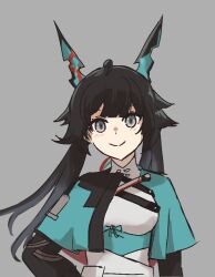 Rule 34 | 1girl, arknights, arknights: endfield, astrograph21, black hair, blush, breasts, chen qianyu (arknights), dragon girl, dragon horns, grey background, grey eyes, horns, long hair, looking at viewer, medium breasts, simple background, smile, solo, twintails, upper body