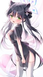 Rule 34 | 1girl, absurdres, animal ears, black dress, black hair, blue archive, blue halo, blush, dress, feet out of frame, green eyes, groin, halo, heart, highres, long hair, nyaruin, open mouth, revision, short sleeves, shun (blue archive), shun (small) (blue archive), simple background, solo, thighhighs, thighs, white background, white thighhighs