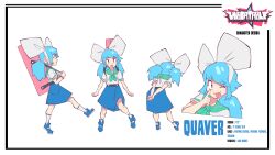 Rule 34 | 1girl, :o, ;p, bandaid, bandaid on face, blue footwear, blue hair, bow, character profile, character sheet, child, guitar case, highres, instrument case, multicolored hair, non-web source, official art, one eye closed, pink eyes, profile, quaver (unbeatable), school uniform, serafuku, skirt, socks, streaked hair, tongue, tongue out, unbeatable, white background, white socks