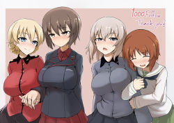 Rule 34 | 4girls, arm grab, black jacket, black neckerchief, black skirt, blonde hair, blouse, blue eyes, braid, brown background, brown eyes, brown hair, closed eyes, closed mouth, commentary request, cursive, darjeeling (girls und panzer), dress shirt, english text, epaulettes, frown, girls und panzer, grey shirt, half-closed eyes, highres, holding hands, insignia, interlocked fingers, itsumi erika, jacket, kuromorimine military uniform, kuromorimine school uniform, long hair, long sleeves, looking at another, looking at viewer, milestone celebration, military, military uniform, multiple girls, neckerchief, nishizumi maho, nishizumi miho, ooarai school uniform, open mouth, outside border, pleated skirt, red jacket, red shirt, red skirt, school uniform, serafuku, shanaharuhi, shirt, short hair, silver hair, skirt, smile, st. gloriana&#039;s military uniform, standing, thank you, twin braids, uniform, white shirt, wing collar, yuri