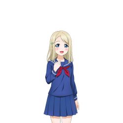 Rule 34 | 10s, 1girl, artist request, ayase alisa, blonde hair, blue eyes, blue serafuku, blue shirt, blue skirt, blush, hair ornament, hairclip, long hair, long sleeves, looking at viewer, love live!, love live! school idol festival, love live! school idol project, neckerchief, official art, open mouth, parted bangs, pleated skirt, red neckerchief, school uniform, serafuku, shirt, simple background, skirt, smile, solo, standing, white background