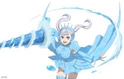 Rule 34 | 1girl, armor, black clover, black clover m: rise of the wizard king, blue armor, blue footwear, blue gloves, blue skirt, boots, breastplate, clenched hand, elbow gloves, fingerless gloves, gloves, grey hair, holding, holding weapon, looking at viewer, noelle silva, official alternate costume, official art, open mouth, pauldrons, purple eyes, shoulder armor, simple background, skirt, solo, teeth, thigh boots, tiara, twintails, upper teeth only, water drop, weapon, white background