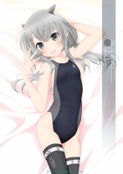 Rule 34 | 1girl, alternate costume, black one-piece swimsuit, black thighhighs, breasts, competition swimsuit, fake horns, grey eyes, grey hair, grey one-piece swimsuit, hair ornament, highleg, highleg swimsuit, highres, horned headwear, horns, i-201 (kancolle), inaba shiki, kantai collection, long hair, lying, multicolored clothes, multicolored swimsuit, on back, one-piece swimsuit, sidelocks, small breasts, solo, swimsuit, thighhighs, x hair ornament