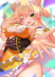 Rule 34 | absurdres, armpits, bare shoulders, blonde hair, breasts, double bun, dress, fang, green eyes, hair bun, highres, hololive, large breasts, marishia holo, momosuzu nene, momosuzu nene (1st costume), one eye closed, outstretched arm, thighs, v, virtual youtuber, wink, yellow dress
