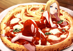 Rule 34 | 1girl, ass, barefoot, blonde hair, blue eyes, breasts, commentary, food, hair spread out, in food, long hair, looking at viewer, medium breasts, mini person, minigirl, nude, original, pizza, plate, smile, smug, solo, tokumaro, tomato sauce, very long hair