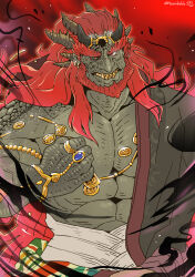 Rule 34 | 1boy, abs, absurdres, beard, black sclera, clenched hand, collarbone, colored sclera, colored skin, earrings, facial hair, fang, ganondorf, gold earrings, grey skin, grimace, hadanugi dousa, highres, horns, huge eyebrows, jewelry, long hair, magic, male focus, monsterification, multiple horns, nintendo, open kimono, pectorals, red background, red hair, ring, scales, sharp teeth, slit pupils, solo, teeth, the legend of zelda, the legend of zelda: tears of the kingdom, thick eyebrows, tonokobb, twitter username, upper body, very long hair, yellow eyes, yellow teeth