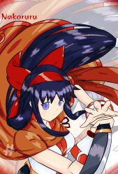 Rule 34 | 1girl, ainu clothes, alternate costume, blue hair, breasts, fingerless gloves, gloves, hair ribbon, highres, large breasts, long hair, looking at viewer, nakoruru, purple eyes, ribbon, samurai spirits, smile, snk, solo, the king of fighters, weapon