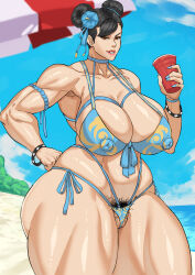 Rule 34 | 1girl, 2022, armband, armpit hair, ass, beach, beach umbrella, bikini, black hair, blue bikini, blue nails, blurry, blurry background, bracelet, breasts, brown eyes, cameltoe, capcom, chun-li, cleavage, clenched hands, cloud, cloudy sky, collarbone, commentary, covered erect nipples, cowboy shot, cup, cyberboi, day, double bun, english commentary, female focus, female pubic hair, grin, hair bun, halterneck, hand on own hip, highres, holding, holding cup, huge ass, huge breasts, jewelry, looking at viewer, muscular, muscular female, ocean, partially visible vulva, pink lips, pubic hair, pubic hair peek, shiny skin, short hair, sky, smile, solo, standing, street fighter, string bikini, swept bangs, swimsuit, thick thighs, thighs, umbrella, v-shaped eyebrows, wide hips