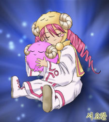 Rule 34 | 1girl, blush stickers, duel, duel monster, closed eyes, hug, long hair, lowres, miirkat, monster, white magician pikeru, pink hair, red hair, scapegoat, sitting, smile, solo, twintails, white magician pikeru, yu-gi-oh!