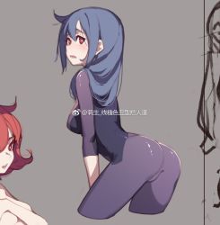 Rule 34 | 10s, 2girls, ass, blue hair, blush, bodysuit, breasts, bright pupils, chariot du nord, contrapposto, cowboy shot, cropped legs, from behind, hair between eyes, hair over shoulder, leaning forward, little witch academia, looking back, medium breasts, multiple girls, open mouth, qiongsheng, red eyes, red hair, sketch, spoilers, standing, ursula callistis, watermark, white pupils