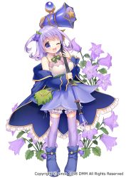 Rule 34 | 1girl, ;d, bloomers, blue coat, blue footwear, blue skirt, breasts, coat, flipped hair, flower, flower knight girl, full body, half updo, hammer, looking at viewer, medium breasts, name connection, object namesake, official art, one eye closed, open mouth, otomegikyou (flower knight girl), ponytail, purple eyes, purple hair, purple thighhighs, shoes, short hair, skirt, smile, solo, thighhighs, underwear, usashiro mani, white background, white bloomers