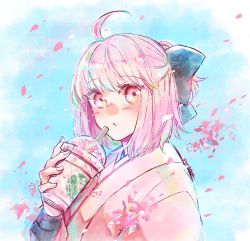 Rule 34 | 1girl, ahoge, black bow, blue background, blush, bow, cup, disposable cup, drinking straw, falling petals, fate/grand order, fate (series), frappuccino, hair bow, half updo, highres, holding, holding cup, japanese clothes, kimono, looking at viewer, masaki (star8moon), medium hair, okita souji (fate), okita souji (koha-ace), petals, pink eyes, pink hair, pink kimono, puckered lips, solo, starbucks, upper body