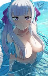 Rule 34 | 1girl, areola slip, artist name, black clover, blush, breasts, female focus, hair over breasts, highres, large breasts, long hair, looking at viewer, navel, nipple slip, nipples, noelle silva, partially submerged, pout, purple eyes, silver hair, solo, the amazing gambit, water