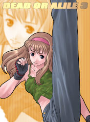Rule 34 | 1girl, alternate costume, blue eyes, breasts, brown hair, camouflage, casual, copyright name, dead or alive, fingerless gloves, g-room honten, gloves, hairband, heel drop, high kick, hitomi (doa), kicking, long hair, solo, tank top, tecmo, typo, zoom layer