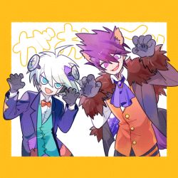Rule 34 | 1202 koge, 2boys, :d, ahoge, android, animal ears, animal hands, aqua vest, blue eyes, border, bow, bowtie, brooch, claw pose, collared shirt, colored skin, commentary, cosplay, danganronpa (series), danganronpa v3: killing harmony, dot nose, facial hair, fang, fangs, frankenstein&#039;s monster, frankenstein&#039;s monster (cosplay), fur trim, gloves, goatee, halloween, highres, jacket, jewelry, k1-b0, long sleeves, looking at viewer, male focus, momota kaito, multiple boys, object through head, open mouth, orange border, orange bow, orange neckwear, orange vest, outside border, patch, purple eyes, purple hair, purple jacket, purple neckwear, screw in head, shirt, smile, spiked hair, starry sky print, tail, translation request, vest, white background, white hair, white shirt, white skin, wolf ears, wolf tail