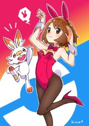 Rule 34 | 1girl, :3, absurdres, alternate costume, animal ears, arm up, blush, bob cut, bow, bowtie, breasts, brown eyes, brown hair, brown pantyhose, closed mouth, commentary, creatures (company), detached collar, fake animal ears, fake tail, game freak, gen 8 pokemon, gloria (pokemon), hand up, high heels, highres, hiva+, leg up, leotard, nintendo, outline, oversized breast cup, pantyhose, pink footwear, pink leotard, pink neckwear, playboy bunny, pokemon, pokemon (creature), pokemon swsh, rabbit ears, rabbit tail, scorbunny, short hair, small breasts, smile, strapless, strapless leotard, tail, wrist cuffs