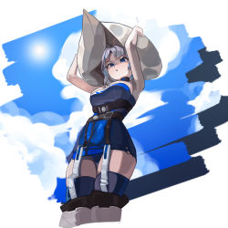 Rule 34 | 1girl, absurdres, alchemy stars, armpits, arms up, azure (alchemy stars), bare shoulders, belt, black belt, blue dress, blue eyes, blue panties, blue thighhighs, breasts, commentary request, dress, grey hair, highres, large breasts, panties, parted lips, pencil dress, plabit, short dress, short hair, solo, standing, strapless, strapless dress, thighhighs, thighs, underwear, white headwear