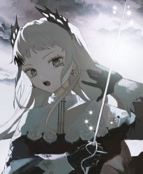 Rule 34 | 1girl, arknights, arm up, black gloves, capelet, cloud, cloudy sky, day, earrings, gloves, grey eyes, grey hair, head wings, highres, holding, holding sword, holding weapon, irene (arknights), jewelry, long hair, long sleeves, looking at viewer, open mouth, outdoors, rapier, scar, scar across eye, scar on face, sky, solo, sparkle, sword, teriyaki (chicken oji), upper body, weapon, white capelet, wings