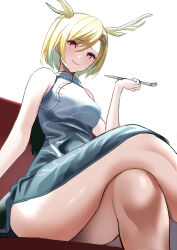 Rule 34 | 1girl, adapted costume, amisu, blonde hair, china dress, chinese clothes, commentary, crossed legs, dragon horns, dress, highres, horns, kicchou yachie, legs, looking at viewer, parted lips, red eyes, short hair, simple background, sitting, smile, solo, touhou, turtle shell, white background