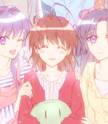 Rule 34 | 3girls, ;d, ^ ^, antenna hair, blue hair, blush, brown hair, casual, chinese commentary, clannad, closed eyes, commentary, dango, facing viewer, food, fujibayashi kyou, furukawa nagisa, h sueun, hair bobbles, hair intakes, hair ornament, hair ribbon, hand on another&#039;s shoulder, happy, holding, holding stuffed toy, ichinose kotomi, jacket, long hair, looking at viewer, medium hair, multiple girls, one eye closed, one side up, open clothes, open jacket, open mouth, purple eyes, purple hair, red jacket, ribbon, shirt, sketch, smile, solo focus, straight-on, stuffed toy, teeth, upper teeth only, wagashi, white ribbon, white shirt, yellow shirt, | |