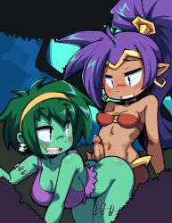 Rule 34 | 2girls, averagehanzo, black collar, blue eyes, blush, breasts, buttjob, clothes, collar, colored skin, ear piercing, earrings, erection, futa with female, futanari, green skin, headband, imminent penetration, jewelry, juice, large breasts, long hair, looking at viewer, medium breasts, multiple girls, partially undressed, piercing, pointy ears, ponytail, purple hair, rottytops, shantae, shantae (series), skull earrings, stealth sex, zombie, zombie girl