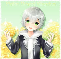 Rule 34 | 1girl, bad id, bad pixiv id, blush, bread, food, game club project, green eyes, grey hair, hair ornament, hairclip, highres, holding, holding food, kazami ryou, looking at viewer, male focus, melon bread, open mouth, rori (tukiguri), short hair, smile, solo, twitter username, upper body, virtual youtuber