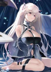 Rule 34 | 1girl, absurdly long hair, anchorage (azur lane), ann (ann58533111), azur lane, bare shoulders, barefoot, breasts, cleavage, clothing cutout, framed breasts, full body, headgear, highres, large breasts, long hair, navel, platinum blonde hair, purple eyes, sitting, solo, stomach cutout, very long hair, very long sleeves, wariza