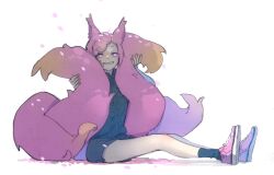 Rule 34 | 1girl, animal ears, blue shirt, blue shorts, blue socks, bright pupils, fox ears, fox girl, fox tail, full body, gradient tail, hands up, highres, holding own tail, looking at viewer, multiple tails, nanahyaku torako, original, petal on head, petals, pink eyes, pink footwear, pink hair, shirt, shoes, shorts, simple background, sitting, sketch, smile, sneakers, socks, solo, tail, white background