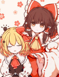 Rule 34 | 2girls, ascot, behind another, black skirt, black vest, blonde hair, bow, brown eyes, brown hair, closed eyes, commentary request, detached sleeves, expressionless, facing viewer, floral background, frilled bow, frilled hair tubes, frills, hair bow, hair tubes, hakurei reimu, highres, holding ofuda, light blush, long sleeves, looking at another, medium hair, multiple girls, ofuda, open mouth, red ascot, red bow, red shirt, red skirt, ro.ro, rumia, sarashi, shirt, skirt, sleeping, sleeveless, sleeveless shirt, touhou, upper body, vest, white background, white shirt, white sleeves, wide sleeves, yellow ascot