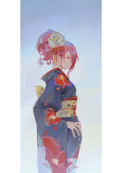 Rule 34 | 1girl, absurdres, black kimono, blue kimono, closed mouth, floral print, flower, from side, hair flower, hair ornament, hand on own hip, highres, japanese clothes, kimono, kirijou mitsuru, lee999nine, long sleeves, obi, persona, persona 3, ponytail, profile, red eyes, red flower, red hair, sash, simple background, solo, twitter username, white flower, wide sleeves