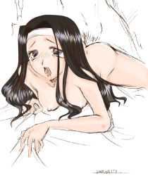 Rule 34 | 00s, 1girl, 2005, bed sheet, black hair, blue eyes, blush, breasts, dated, doggystyle, dragon quest, dragon quest viii, headband, medea, nipples, nude, open mouth, saliva, sex, sex from behind, sheet grab, sketch, small breasts, solo focus, square enix, tears, torogao, vaginal