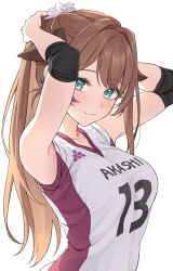Rule 34 | 1girl, :3, absurdres, adjusting hair, animal ears, armpits, arms up, blush, breasts, brown hair, character request, closed mouth, clothes writing, collarbone, commentary, copyright request, elbow pads, flower, from side, green eyes, gym shirt, hair flower, hair ornament, highres, long hair, looking at viewer, medium breasts, numbered, ponytail, shirt, simple background, sleeveless, sleeveless shirt, smile, solo, sportswear, symbol-only commentary, teti, tying hair, upper body, white background