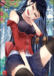 Rule 34 | 1girl, bare shoulders, between legs, black border, black one-piece swimsuit, black thighhighs, blue background, blue hair, blue skirt, blush, border, breasts, bush, chair, channee (cluseller), cleavage, cluseller, collarbone, fang, female focus, flower, gradient background, half-closed eyes, hand between legs, hand up, happy, head rest, head tilt, jacket, leg up, long hair, looking at viewer, medium breasts, miniskirt, nose blush, off shoulder, one-piece swimsuit, open mouth, original, outside border, pleated skirt, red eyes, red flower, red jacket, red rose, rose, shiny skin, sitting, skindentation, skirt, smile, solo, swimsuit, swimsuit under clothes, table, teeth, thighhighs, tongue, vase, very long hair, white flower, zettai ryouiki