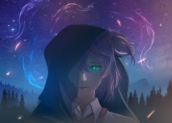 Rule 34 | 1girl, arsel ni, closed mouth, collared shirt, everlasting summer, forest, green eyes, highres, hood, hood up, iichan.ru, lips, looking at viewer, medium hair, nature, neckerchief, night, night sky, one eye covered, outdoors, purple hair, red neckerchief, shirt, short twintails, sky, solo, star (sky), starry sky, twintails, unyl-chan, upper body, white shirt