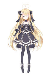 Rule 34 | 1girl, ^ ^, absurdres, ahoge, bad id, bad pixiv id, black dress, black footwear, black pantyhose, black ribbon, blonde hair, bow, cat hair ornament, closed eyes, closed mouth, collarbone, detached sleeves, dress, fingernails, frilled dress, frills, full body, gothic lolita, hair ornament, hair ribbon, halterneck, hand up, heart, heart ahoge, high heels, highres, lolita fashion, long hair, long sleeves, looking at viewer, niliu chahui, original, pantyhose, puffy long sleeves, puffy sleeves, ribbon, sidelocks, simple background, sleeves past wrists, smile, solo, standing, tokisaki asaba (niliu chahui), two side up, very long hair, white background, white bow