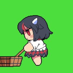 Rule 34 | 1girl, animated, animated gif, arrow print, barefoot, black dress, black hair, blue bow, blue bowtie, blush, bow, bowtie, bucket, chibi, closed mouth, commentary request, cone horns, dress, full body, fumo (doll), green background, highres, hishaku, horns, kijin seija, looking at viewer, looping animation, multicolored clothes, multicolored dress, multicolored hair, pixel art, print dress, red dress, red eyes, red hair, short hair, simple background, smile, solo, streaked hair, tonchamon san, touhou, water, white dress, white horns, wooden bucket