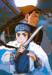 Rule 34 | 2girls, ainu, ainu clothes, arisaka, asirpa, back-to-back, big nose, black hair, blue eyes, bolt action, braid, braided ponytail, fighting stance, full moon, golden kamuy, gun, highres, holding, holding knife, knife, long hair, long sleeves, looking at viewer, looking back, moon, multiple girls, night, night sky, old, old woman, open mouth, pemcb, rifle, sky, sofia (golden kamuy), weapon, wrinkled skin