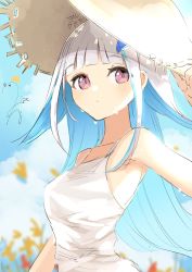 Rule 34 | 1girl, absurdres, arm up, bare shoulders, blue hair, blush, breasts, brown eyes, brown hat, closed mouth, cloud, dress, grey hair, hair ornament, hand on headwear, hat, highres, lize helesta, looking at viewer, medium breasts, multicolored hair, nijisanji, ogura tubuan, signature, simple background, sky, sleeveless, sleeveless dress, solo, straw hat, sweat, two-tone hair, upper body, virtual youtuber, white background, white dress