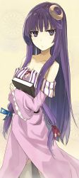 Rule 34 | 1girl, adapted costume, bad id, bad pixiv id, bare shoulders, book, crescent, crescent hair ornament, female focus, hair ornament, hair ribbon, highres, long hair, miruto netsuki, patchouli knowledge, purple eyes, purple hair, ribbon, solo, thighhighs, touhou
