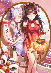Rule 34 | 2girls, absurdres, bad id, bad pixiv id, blue eyes, blush, breasts, brown eyes, brown hair, china dress, chinese clothes, double bun, dress, closed eyes, flower, hair flower, hair ornament, highres, long hair, multiple girls, nail polish, open mouth, original, purple nails, red dress, roy (pixiv12676578), silver hair, white dress