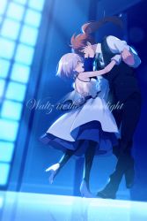 Rule 34 | 1boy, 1girl, alternate costume, back, black bow, black pants, black pantyhose, blush, bow, buttons, closed eyes, commentary request, dancing, dress, echo (circa), english text, fate/grand order, fate (series), formal, green neckwear, green ribbon, holding, holding hands, indoors, light rays, long hair, mash kyrielight, mash kyrielight (under the same sky), messy hair, night, official alternate costume, open mouth, orange hair, pants, pantyhose, pink hair, ponytail, purple eyes, ribbon, romani archaman, shirt, short hair, sleeveless, sleeveless dress, smile, vest, waltz (dance), white dress, white shirt, window